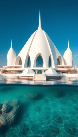 3D render of a luxury hotel in the middle of the seaの写真素材