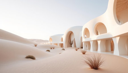 3d render of modern architecture in the desert with sand dunesの写真素材