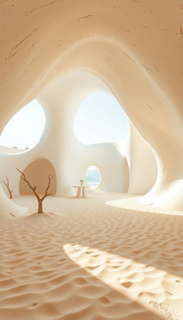 3d rendering of modern architecture in the desert with beautiful sea viewの写真素材