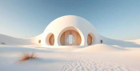 3d rendering of a white building on the sand in the desert