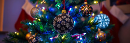 Christmas tree decorated with colorful ornaments, close-up.の写真素材