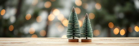 Miniature Christmas tree on wooden table with bokeh background.の写真素材