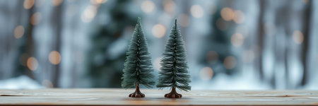 Christmas tree on wooden table with bokeh background, panoramaの写真素材