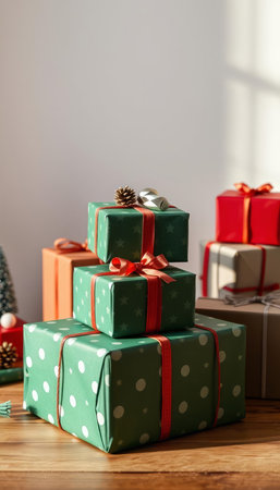 Gift boxes on wooden table in room decorated for Christmas and New Year