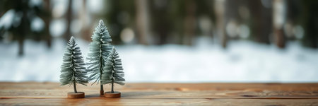 Christmas tree decoration on wooden table in winter forest. Christmas background.
