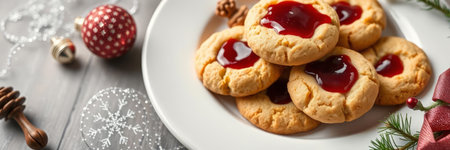 Christmas cookies with cranberry jam on white wooden table, closeup