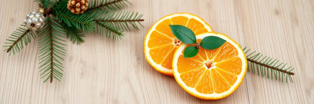 Christmas or New Year background. Oranges and fir branches on a wooden background.の写真素材