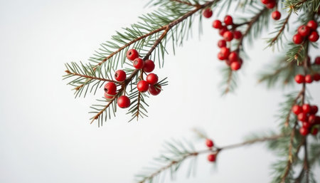 Christmas tree branch with red berries on a white background, close-up