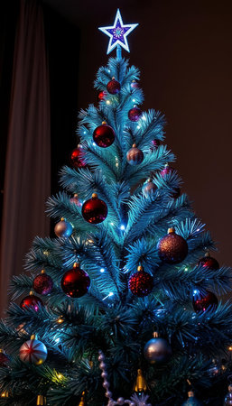 Christmas tree decorated with red and blue baubles and a star