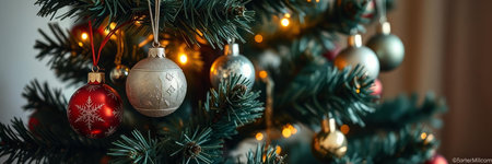 Christmas tree decorated with baubles and garlands. Christmas backgroundの写真素材