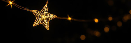 Golden Christmas star on a black background with bokeh lights.