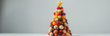 Christmas tree made of different fruits and berries on a gray background.の写真素材
