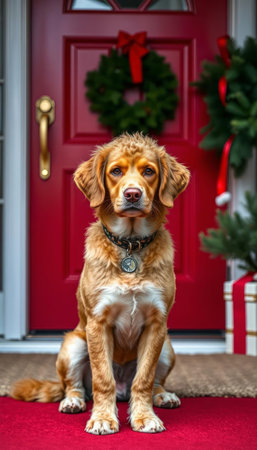 Golden Retriever in front of a red door with Christmas decorations