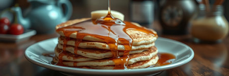 Pancakes with maple syrup on wooden table, close-up
