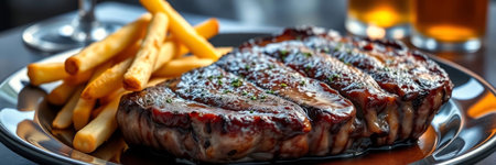 Delicious grilled steak with french fries and beer on table, closeupの写真素材