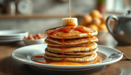 Pouring maple syrup onto stack of pancakes on plate, closeup