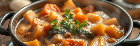 Closeup of a bowl of pumpkin stew with mushrooms and parsley