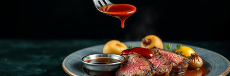 Grilled beef steak with sauce on dark background, panoramic shotの写真素材