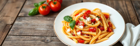 Pasta with tomato sauce, cheese and basil on a wooden backgroundの写真素材