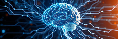 3D illustration of human brain on blue background with circuit board. Artificial intelligence...