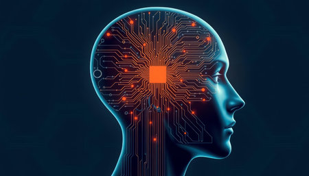 Artificial intelligence concept with human head and circuit board. 3d rendering