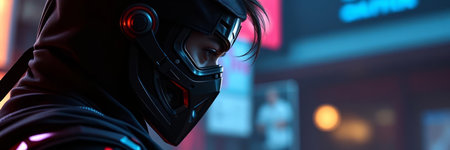 Cyberpunk style portrait of a young man in a black mask.