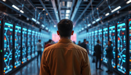 Back view of a man looking at a futuristic server room. This is a 3d render illustration.
