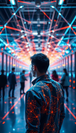 Handsome young man in a dark room with neon lights.の写真素材