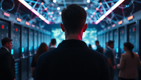 Back view of businessman standing in server room and looking at the network