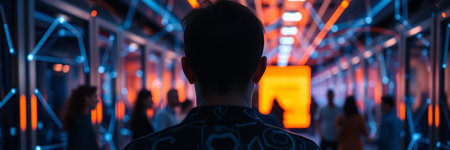 Silhouette of a girl in a dark corridor with neon lightsの写真素材