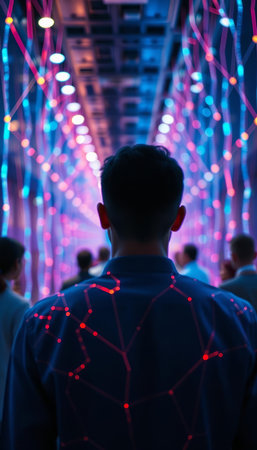 Back view of a young man standing in front of a wall with neon lights.の写真素材