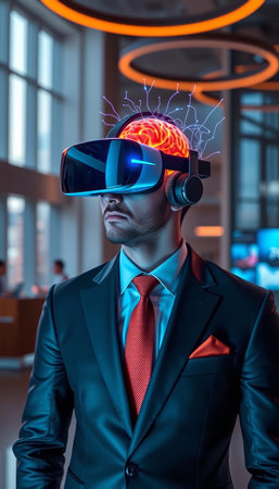 Businessman wearing virtual reality goggles in modern office. 3D renderingの写真素材