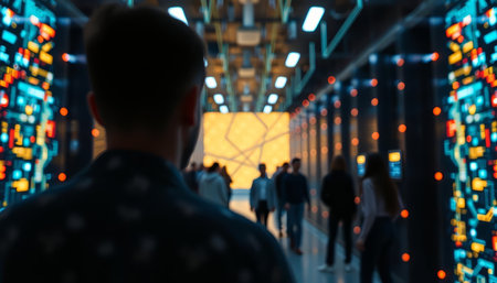 Blurred background of people walking in the city at night. Concept of business and technology.