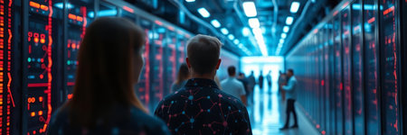 Rear view of a group of people standing in a server room.