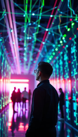 Back view of a young man standing in a corridor with glowing neon lights