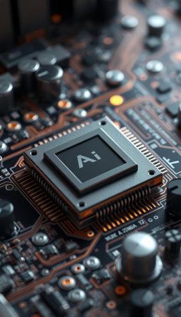 Close-up of electronic circuit board with processor. Technology background.