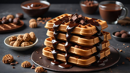 Tasty Belgian waffles with chocolate on grey table, closeupの写真素材