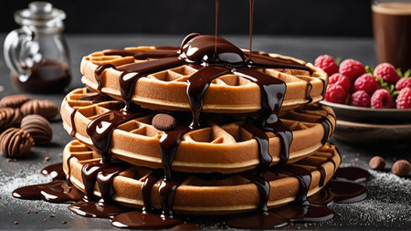 Belgian waffles with raspberries and chocolate sauce on dark backgroundの写真素材