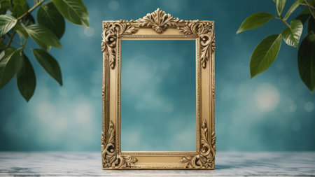 Golden picture frame with green leaves on blue background. 3d renderingの写真素材