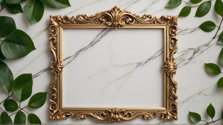 Golden frame with green leavesle background. Flat lay, top view.