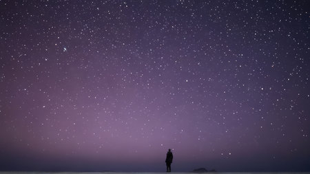 Silhouette of man standing on the beach under starry skyの写真素材