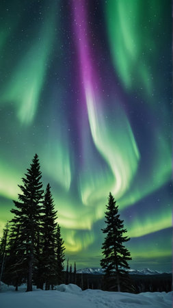 Aurora borealis in the sky above the forest in winterの写真素材