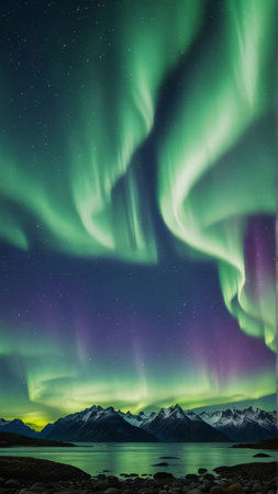 Aurora borealis, northern lights over Lofoten islands, Norwayの写真素材