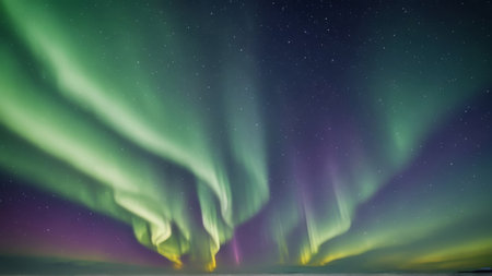 Aurora borealis, northern lights, in the sky.
