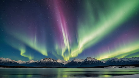Aurora borealis, northern lights over snowy mountains and lakeの写真素材
