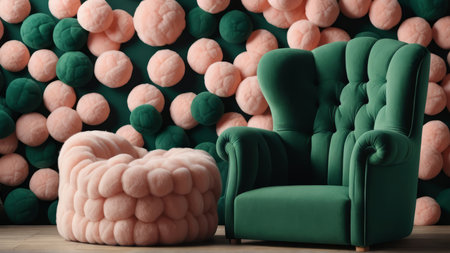 Comfortable armchair with soft pillows in room decorated with ballsの写真素材