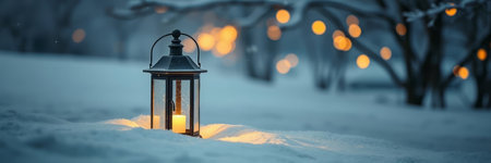 Lantern in the snow. Beautiful winter landscape. Christmas background.