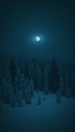 Foggy winter night in the mountains with full moon. 3d renderingの写真素材