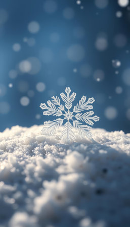 Snowflake on snow with bokeh background, 3d render
