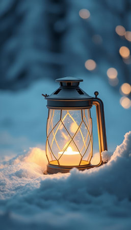 Lantern in the snow. Christmas and New Year background.の写真素材